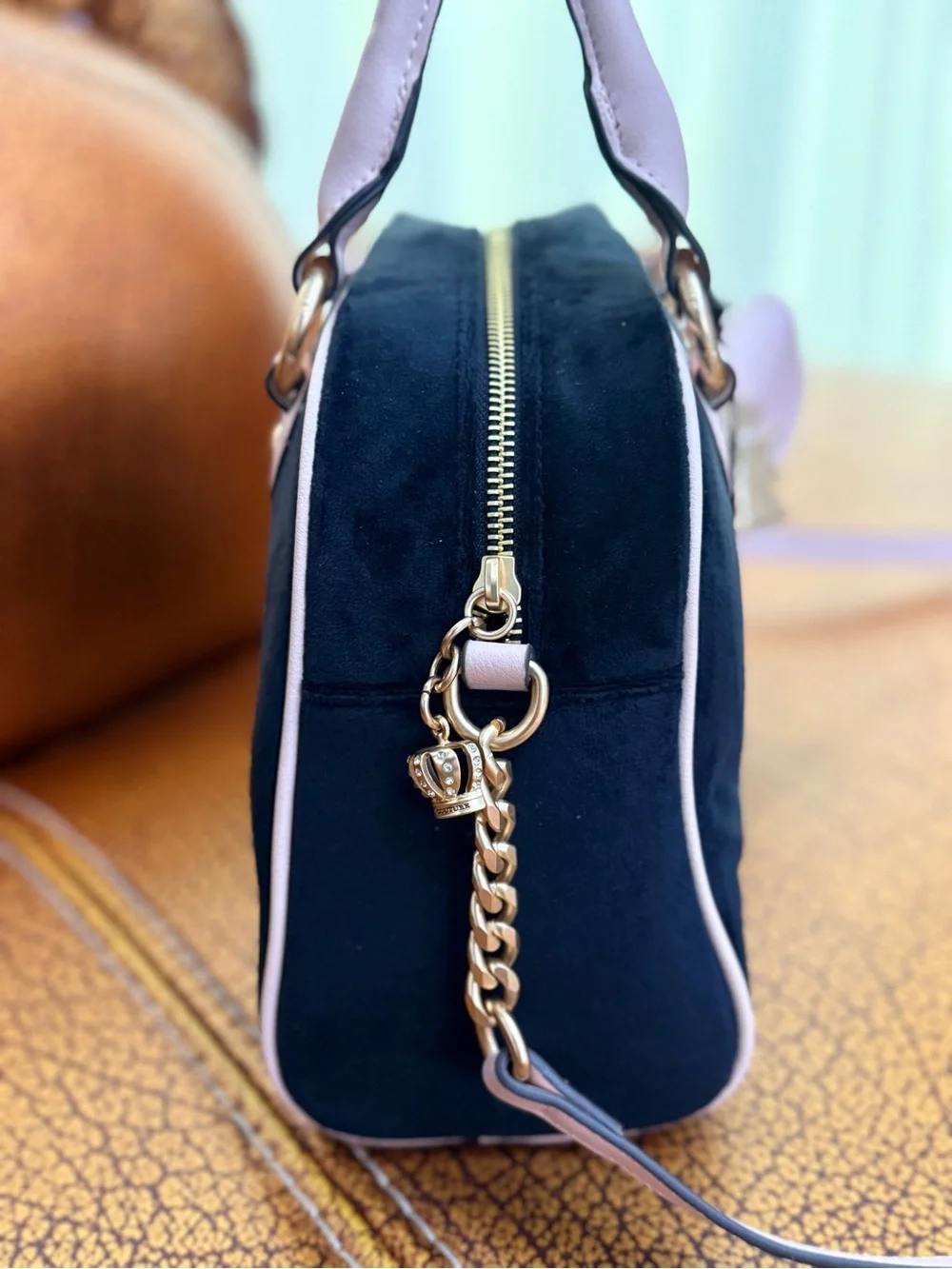 Juicy Couture New Love Chapter Satchel Black Liquorice Velour Gold Handbag